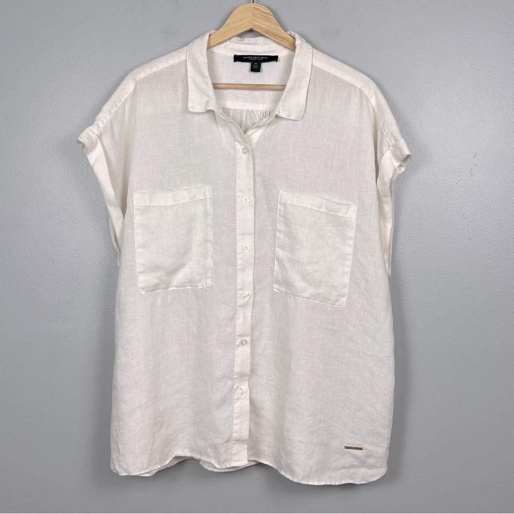 Andrew Marc New York white 109% linen cap sleeve button front boxy shirt, XL.